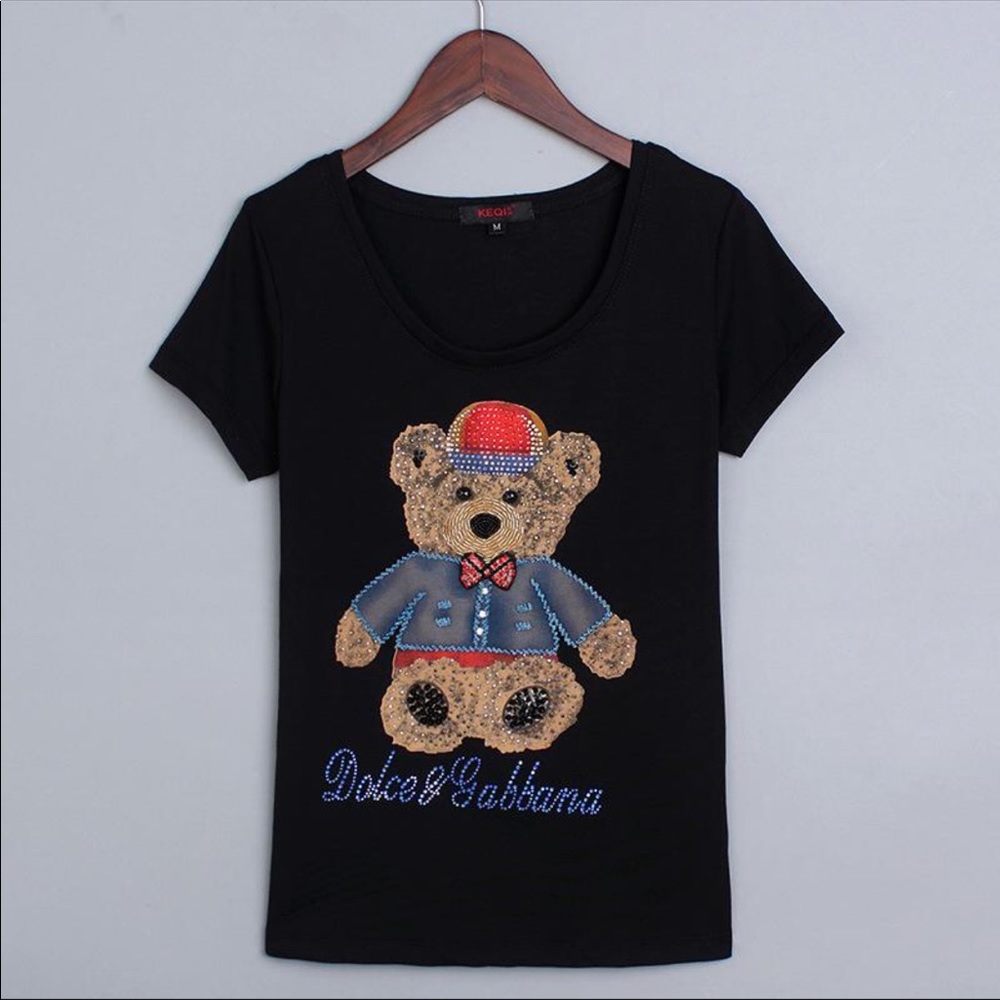 Ladies fashion t-shirt slim with 3D handmade bear